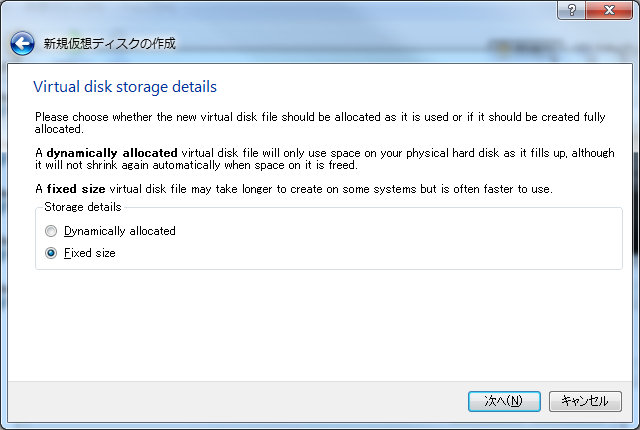 新規仮想ディスクの作成 - Virtual disk storage details